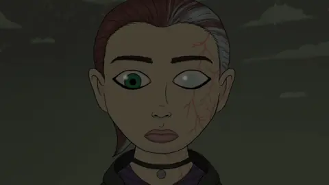 A scarred character with grey-streaked hair in Sally Face 2