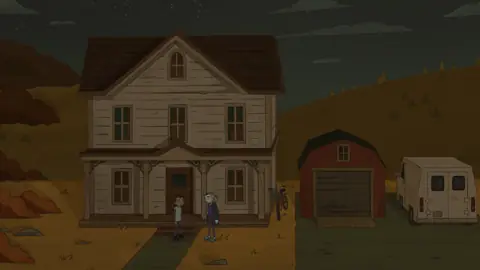 Three figures stand outside a remote house in Sally Face 2