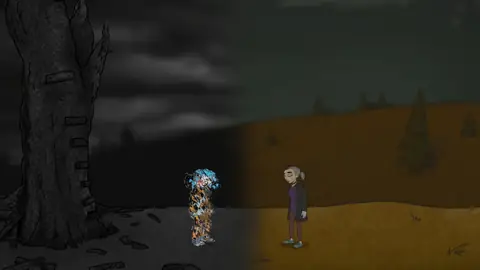 Two figures face each other in a bleak Sally Face 2 landscape