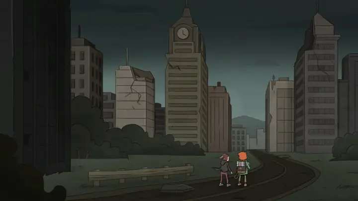 Two characters look across an abandoned city street in Sally Face 2