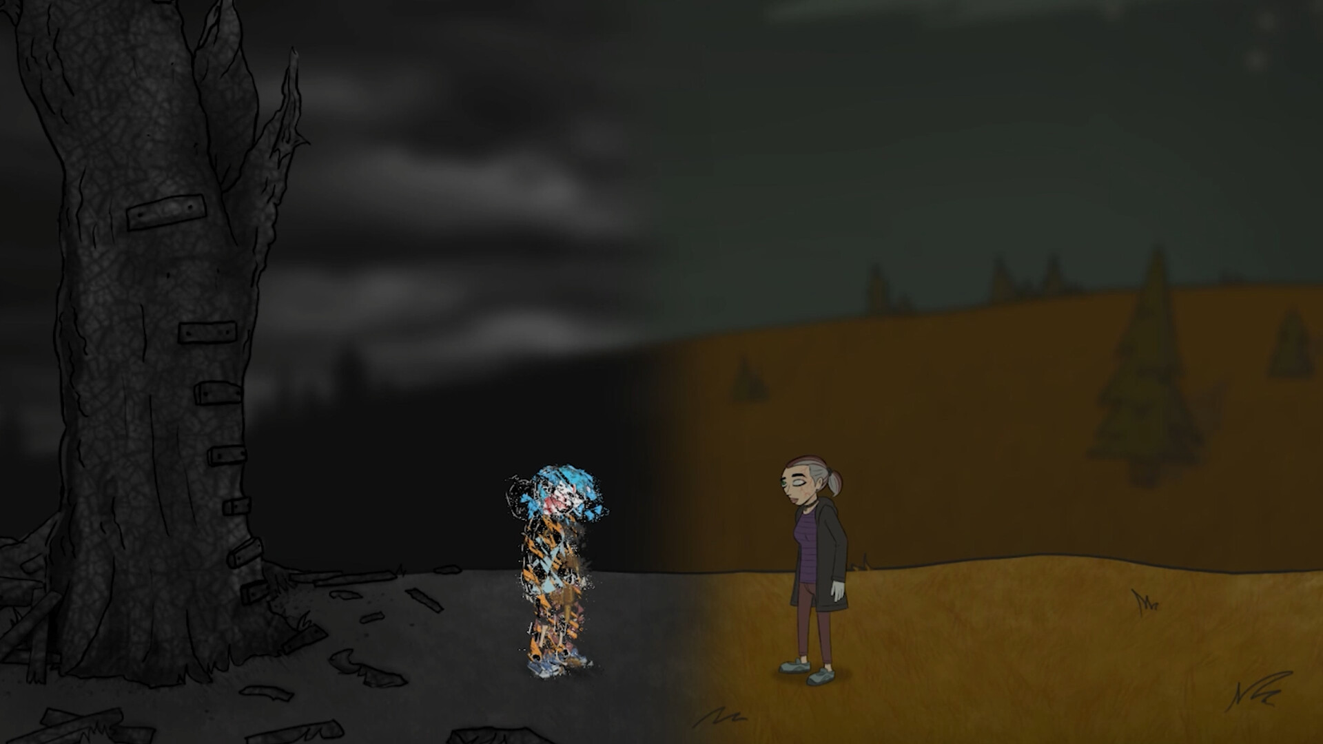 Two figures face each other in a bleak landscape