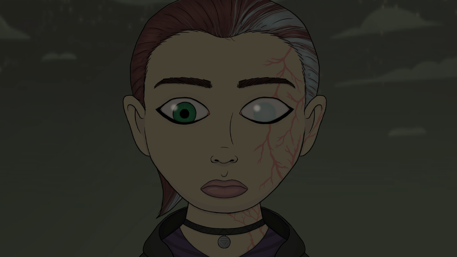 A scarred character with grey-streaked hair
