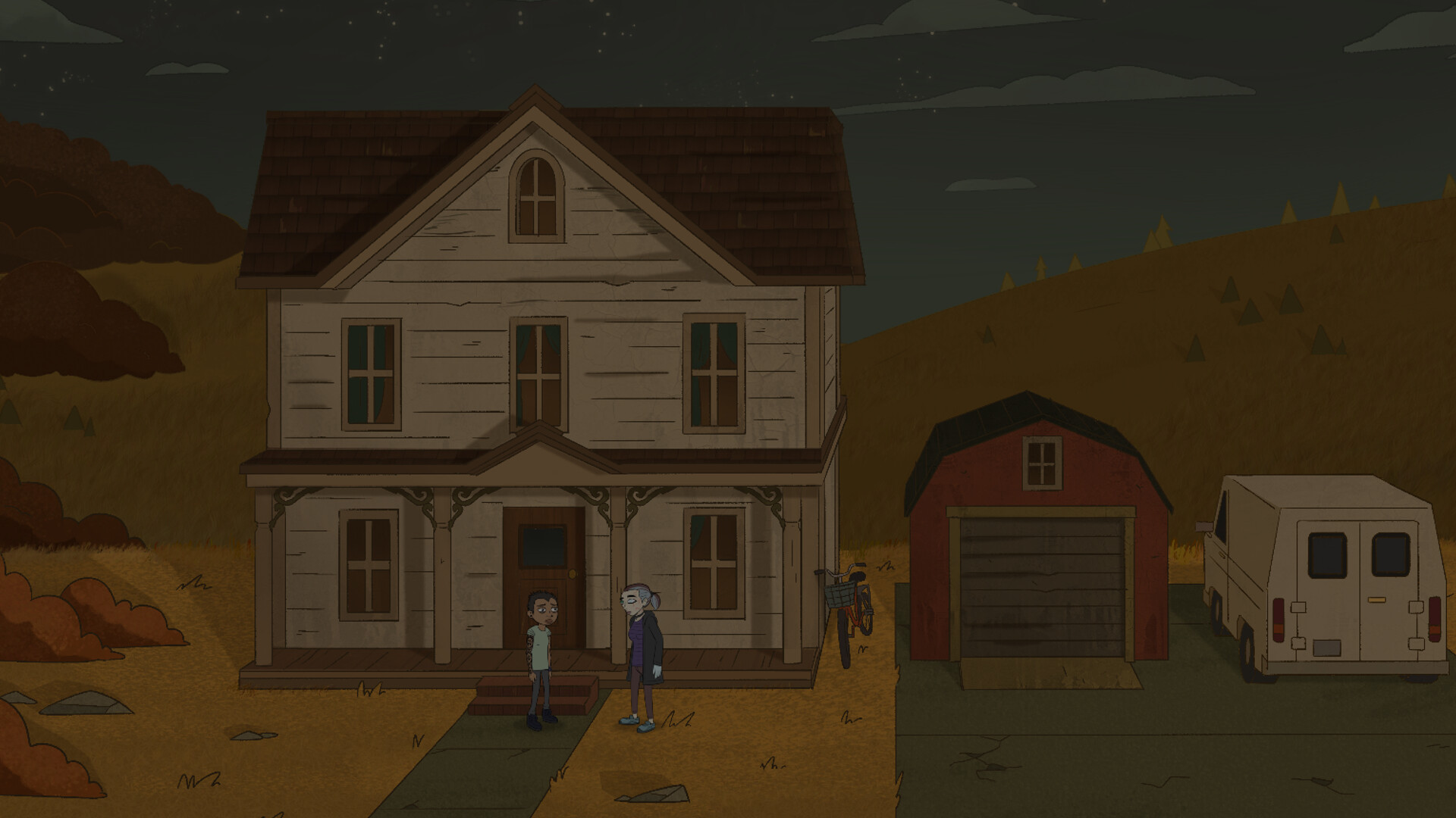 Three figures stand outside a remote house in Sally Face 2