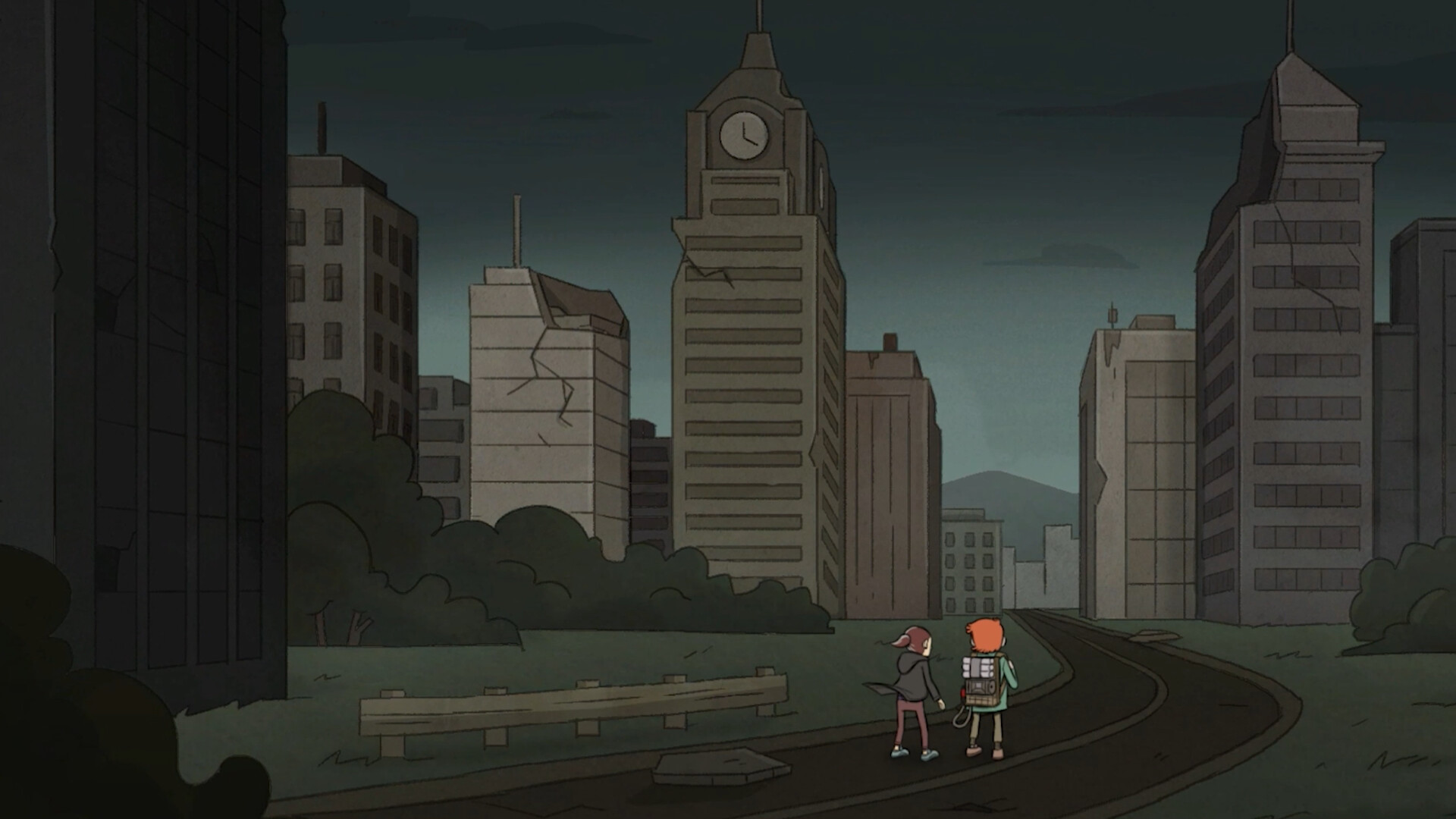 Two characters look across an abandoned city street in Sally Face 2